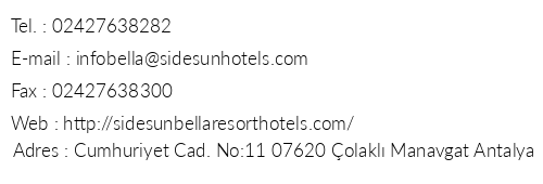 Bella Resort Hotel & Spa telefon numaralar, faks, e-mail, posta adresi ve iletiim bilgileri